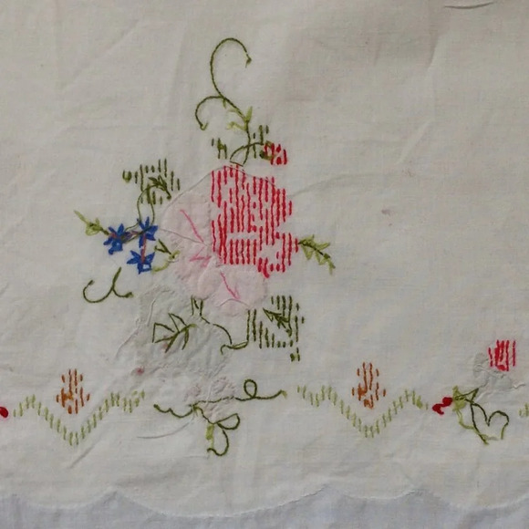 Vintage Handmade Embroidery Chair Sofa Backs Cotton Linens Floral Applique - Picture 9 of 9